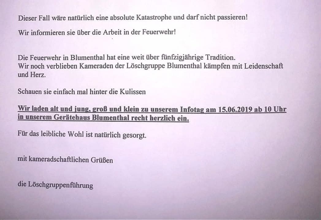 Am 15.06.2019 findet am Feuerwehrgerätehaus in Blumenthal ein Info-Tag für Jung und Alt statt. Los geht's ab 10 Uhr. Gezeigt werden mehrere Feuerwehrfahrzeuge und ihre Funktionen. Für Spiel und Spaß für die kleinen Besucher ist gesorgt. Eintritt ist natürlich frei und für das leibliche Wohl ist auch gesorgt.